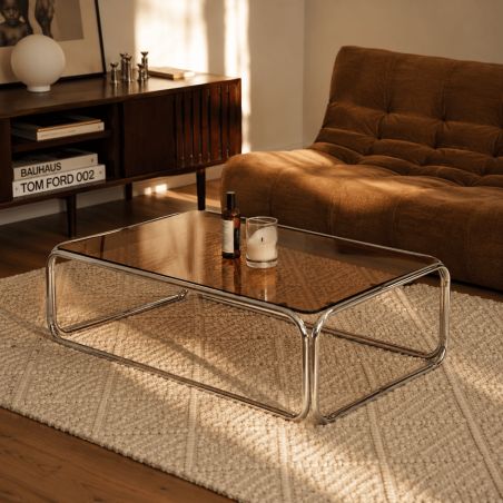 Table basse MAGGY verre trempé orange foncé structure en chrome