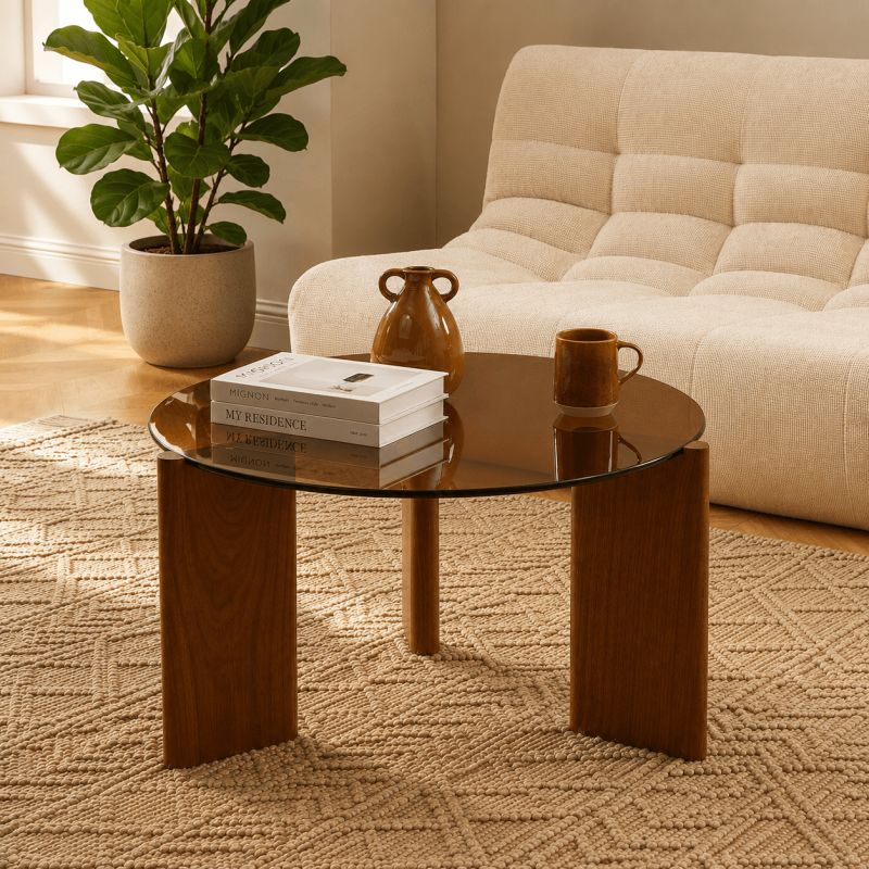 Table basse OLIE verre trempé caramel et placage noyer 75cm