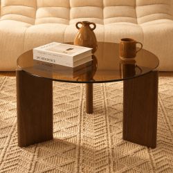 Table basse OLIE verre trempé caramel et placage noyer 75cm