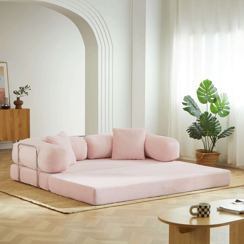 Canapé droit convertible et compressé HYPNOS déplimousse 3 places velours côtelé rose