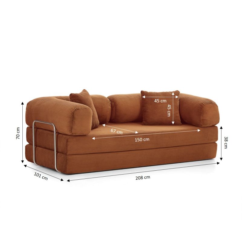 Canapé droit convertible et compressé HYPNOS déplimousse 3 places velours côtelé terracotta