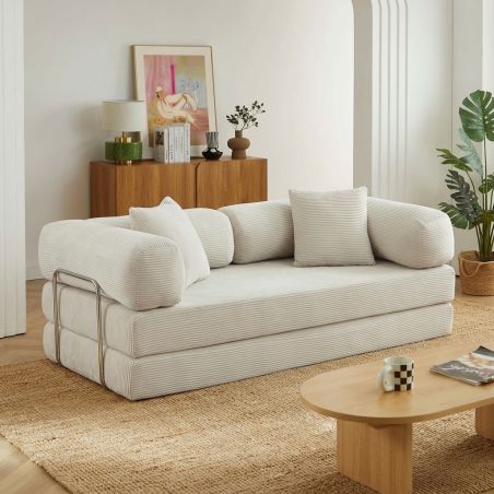 Canapé droit convertible et compressé HYPNOS déplimousse 3 places velours côtelé beige