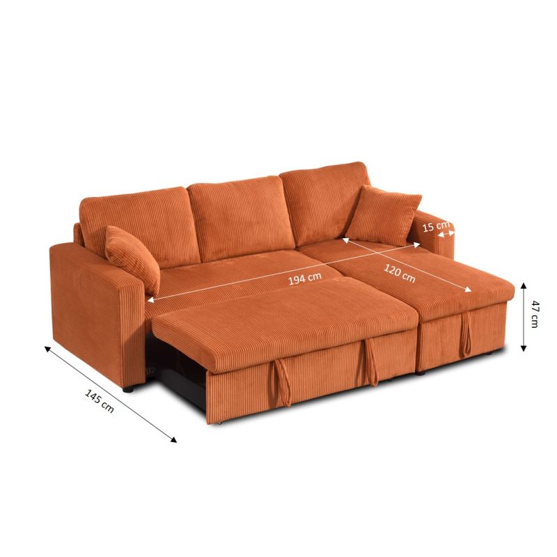 Canapé d'angle convertible et réversible ASPEN 4 places velours côtelé terracotta