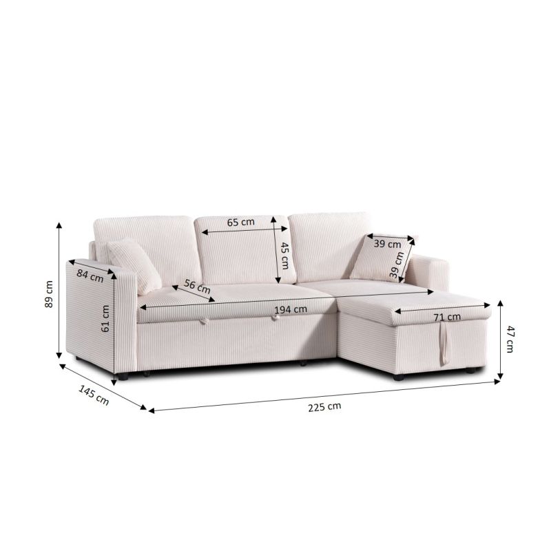 Canapé d'angle convertible et réversible ASPEN 4 places velours côtelé beige
