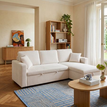 Canapé d'angle convertible et réversible ASPEN 4 places velours côtelé beige
