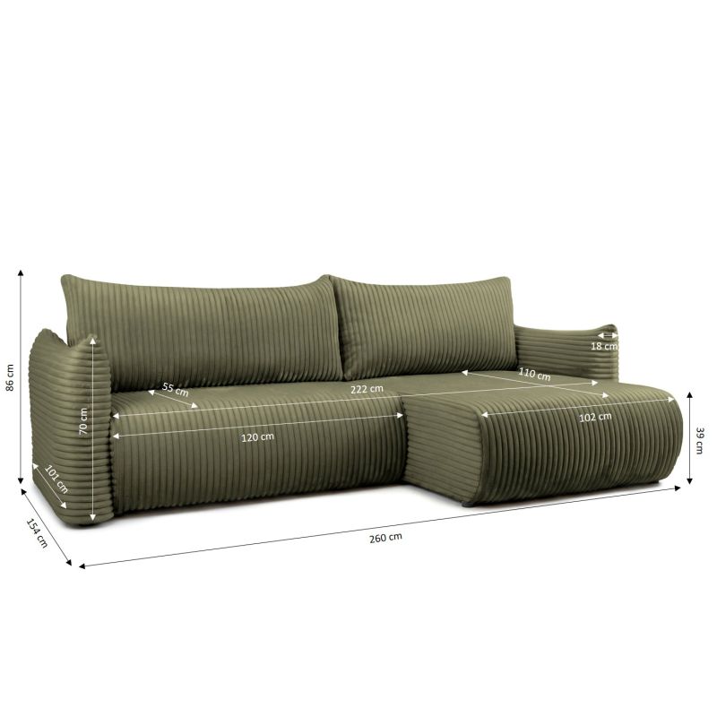 Canapé d'angle convertible et réversible GLORIA 4 places velours côtelé vert