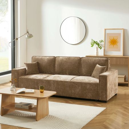Canapé droit convertible GAVI 3 places tissu marron
