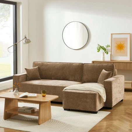 Canapé d'angle convertible et réversible GAVI 4 places tissu marron
