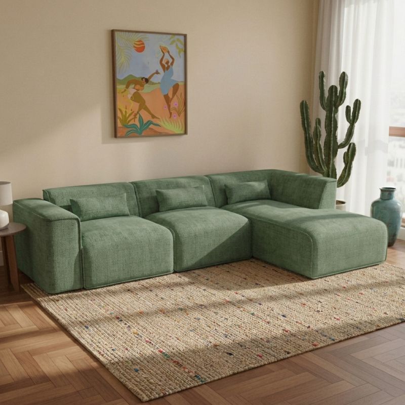 Canapé d'angle droit fixe NUNA 5/6 places tissu vert