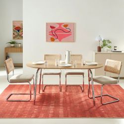 Ensemble repas table à manger ovale VASSIeffet chêne et lot de 4 chaises ELLA tissu écru