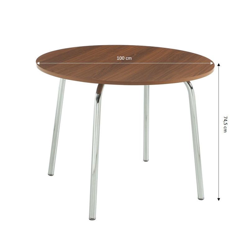 Ensemble repas table à manger ronde VASSI effet noyer et lot de 4 chaises JACK tissu bordeaux
