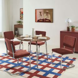 Ensemble repas table à manger ronde VASSI effet noyer et lot de 4 chaises JACK tissu bordeaux