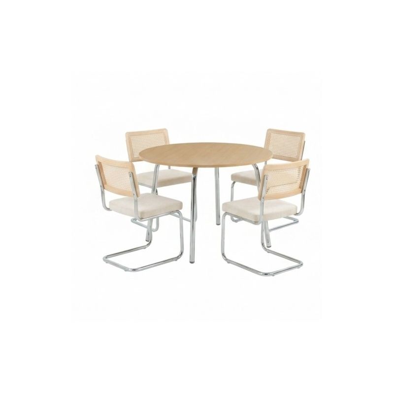 Ensemble repas table à manger ronde VASSI effet chêne et lot de 4 chaises ELLA tissu écru