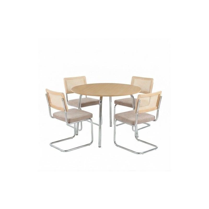 Ensemble repas table à manger ronde VASSIeffet chêne et lot de 4 chaises ELLA tissu marron