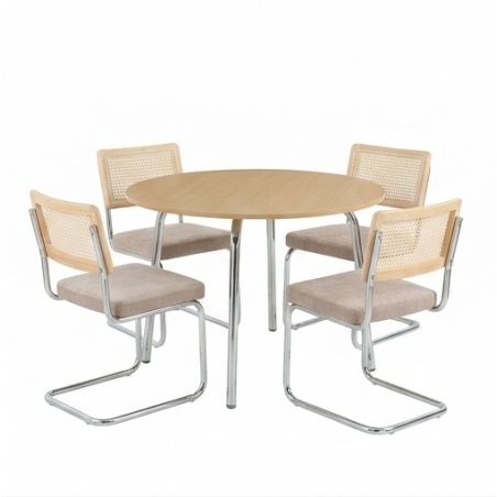 Ensemble repas table à manger ronde VASSIeffet chêne et lot de 4 chaises ELLA tissu marron