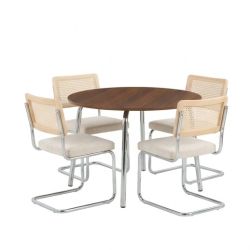 Ensemble repas table à manger ronde VASSI effet noyer et lot de 4 chaises ELLA tissu écru