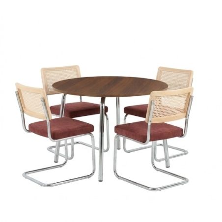 Ensemble repas table à manger ronde VASSIeffet noyer et lot de 4 chaises ELLA tissu bordeaux