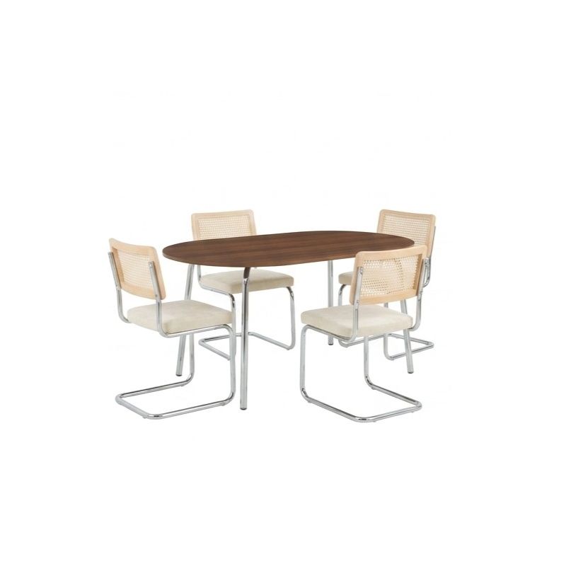 Ensemble repas table à manger ovale VASSI effet noyer et lot de 4 chaises ELLA tissu écru