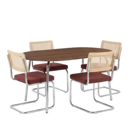 Ensemble repas table à manger ovale VASSI effet noyer et lot de 4 chaises ELLA tissu bordeaux