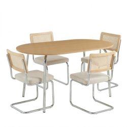 Ensemble repas table à manger ovale VASSIeffet chêne et lot de 4 chaises ELLA tissu écru
