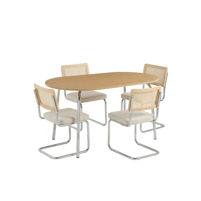 Ensemble repas table à manger ovale VASSIeffet chêne et lot de 4 chaises ELLA tissu écru