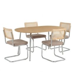 Ensemble repas table à manger ovale VASSI effet chêne et lot de 4 chaises ELLA tissu marron