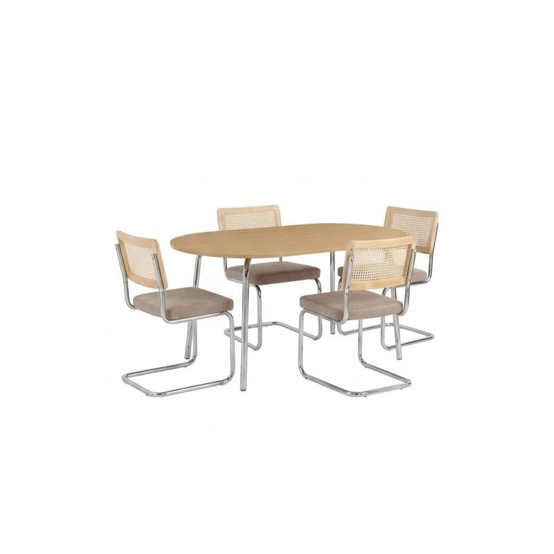 Ensemble repas table à manger ovale VASSI effet chêne et lot de 4 chaises ELLA tissu marron
