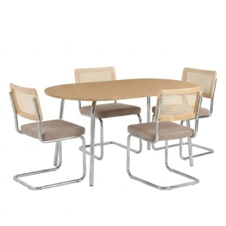 Ensemble repas table à manger ovale VASSI effet chêne et lot de 4 chaises ELLA tissu marron