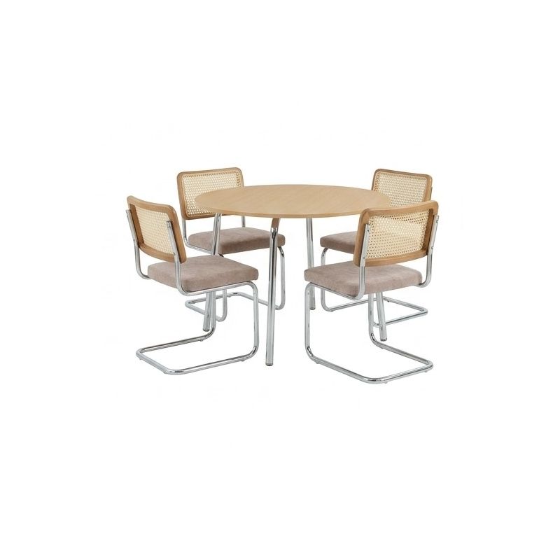 Ensemble repas table à manger ronde VASSI effet chêne et lot de 4 chaises JACK tissu marron