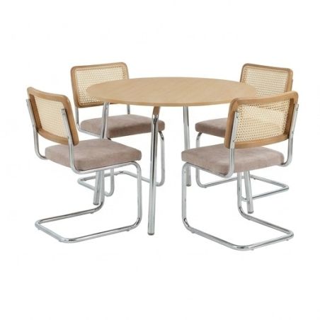 Ensemble repas table à manger ronde VASSI effet chêne et lot de 4 chaises JACK tissu marron