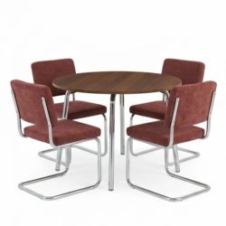 Ensemble repas table à manger ronde VASSI effet noyer et lot de 4 chaises JACK tissu bordeaux