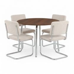 Ensemble repas table à manger ronde VASSI effet noyer et lot de 4 chaises JACK tissu écru