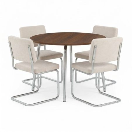 Ensemble repas table à manger ronde VASSI effet noyer et lot de 4 chaises JACK tissu écru