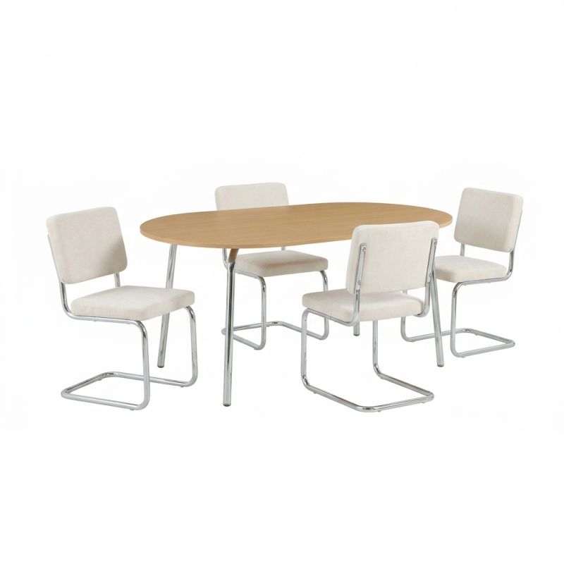 Ensemble repas table à manger ovale VASSI effet chêne et lot de 4 chaises JACK tissu écru