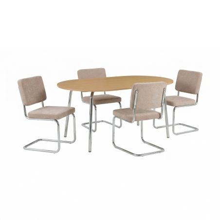 Ensemble repas table à manger ovale VASSI effet chêne et lot de 4 chaises JACK tissu marron
