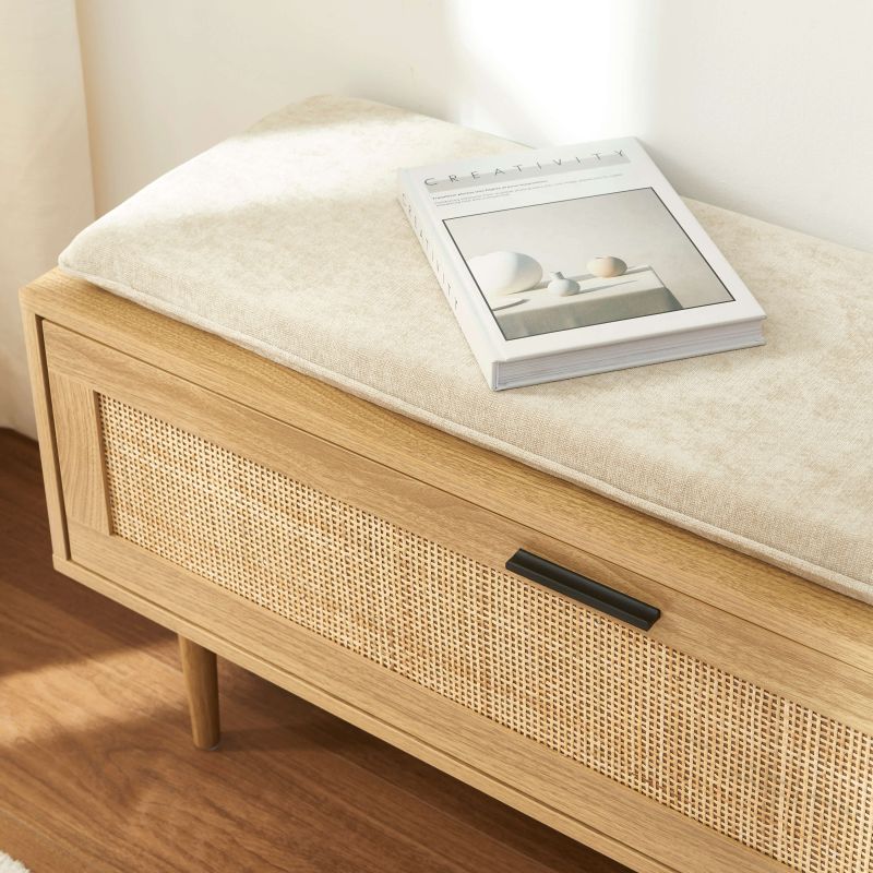Banc à chaussures AMANA effet chêne et cannage rotin 100cm