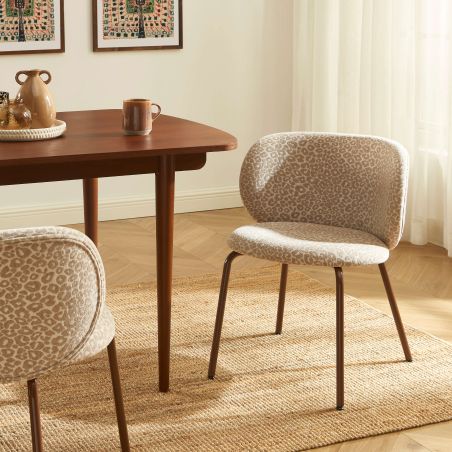 Lot de 2 chaises SERENA tissu jacquard léopard beige et pieds métal marron
