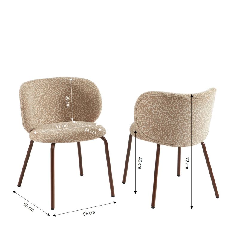 Lot de 2 chaises SERENA tissu jacquard léopard beige et pieds métal marron