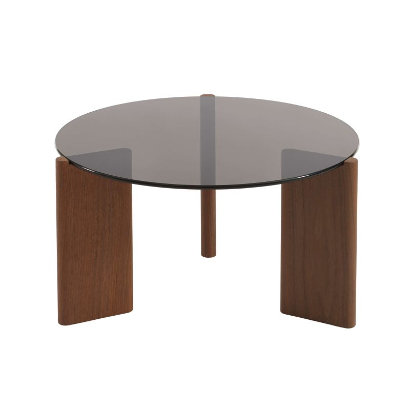 Table basse OLIE verre trempé noir et placage noyer 75cm