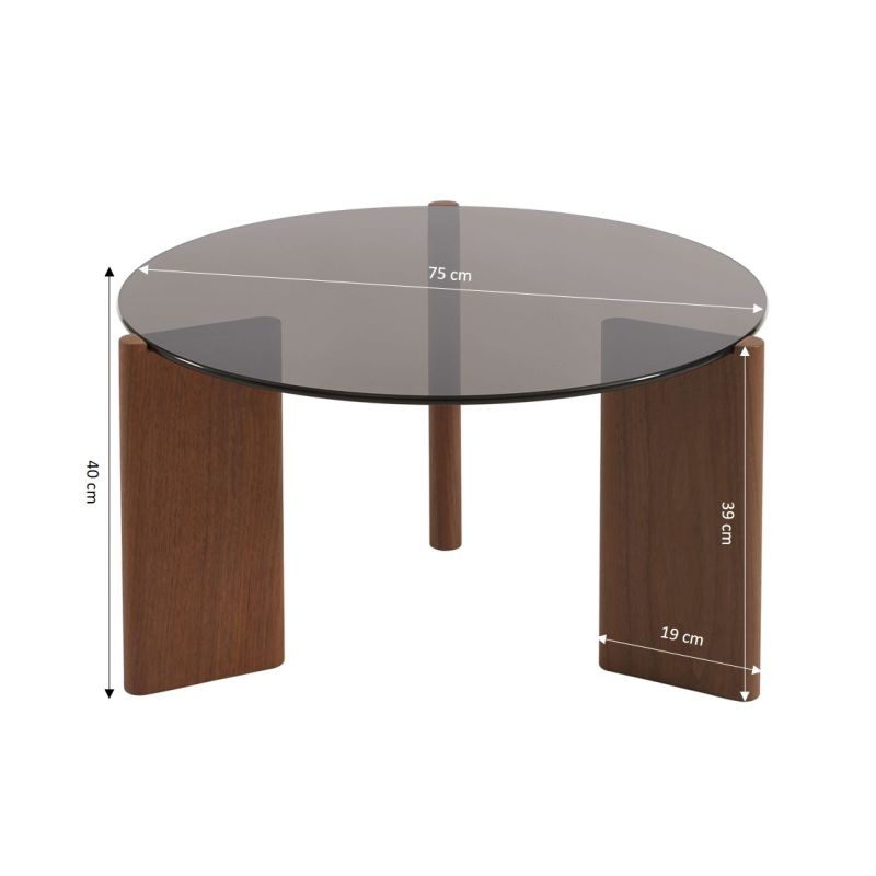 Table basse OLIE verre trempé noir et placage noyer 75cm