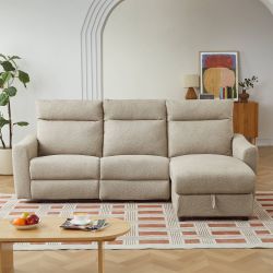 Canapé d'angle droit relax électrique HOROS 4 places tissu chenille beige