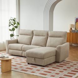 Canapé d'angle droit relax électrique HOROS 4 places tissu chenille beige