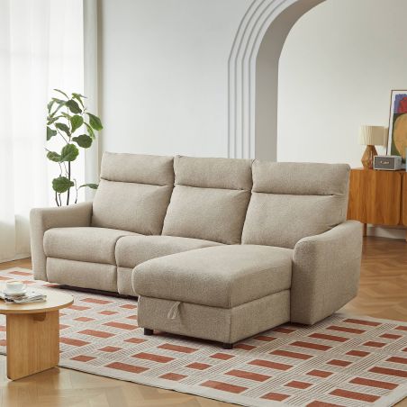 Canapé d'angle droit relax électrique HOROS 4 places tissu chenille beige