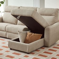 Canapé d'angle droit relax électrique HOROS 4 places tissu chenille beige