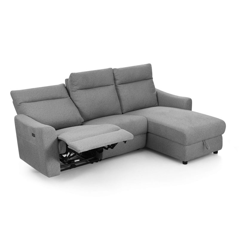 Canapé d'angle droit relax électrique HOROS 4 places tissu chenille gris clair