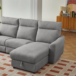 Canapé d'angle droit relax électrique HOROS 4 places tissu chenille gris clair