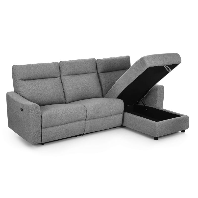Canapé d'angle droit relax électrique HOROS 4 places tissu chenille gris clair