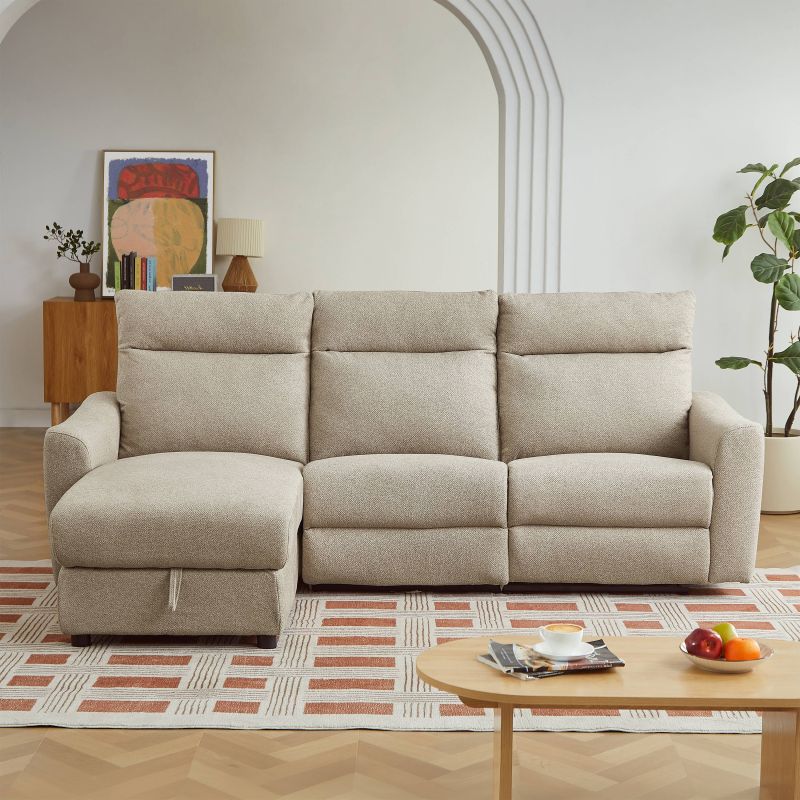 Canapé d'angle gauche relax électrique HOROS 4 places tissu chenille beige