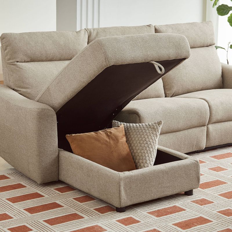 Canapé d'angle gauche relax électrique HOROS 4 places tissu chenille beige