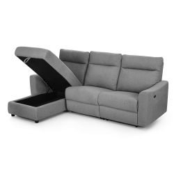 Canapé d'angle gauche relax électrique HOROS 4 places tissu chenille gris clair